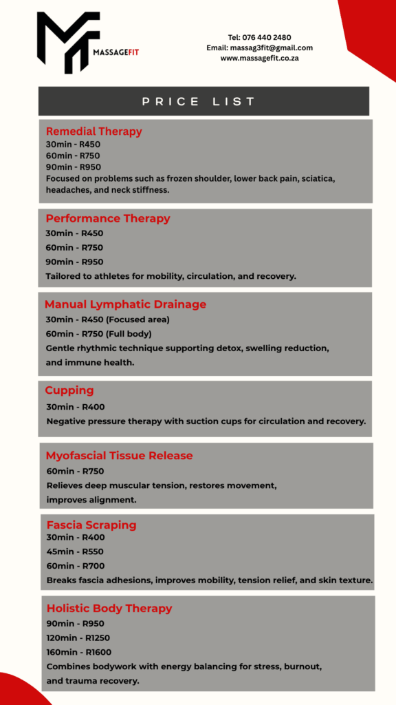 MassageFit Price List. Massage Therapist. Massage Pretoria South Africa. 